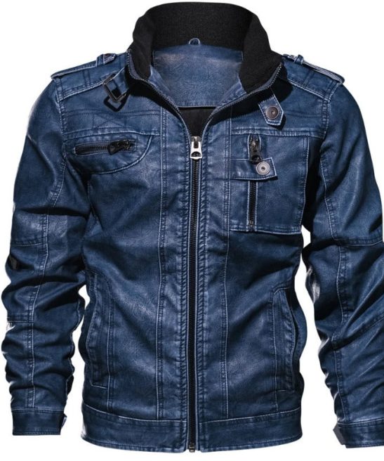 Stand Collar Zipper Pockets Leather Jackets