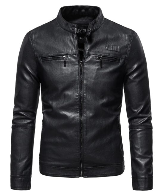 Men's Zipper Stand Collar Windproof Leather Jacket