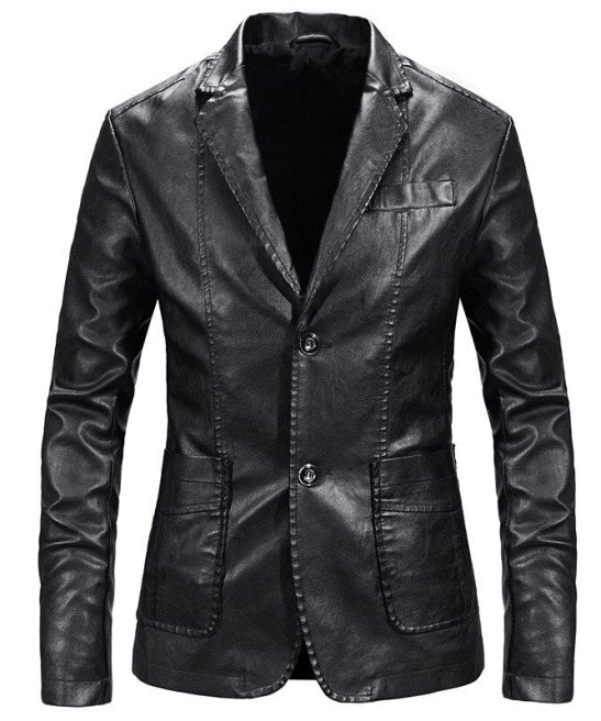Men's Solid Buttoned Leather Jacket