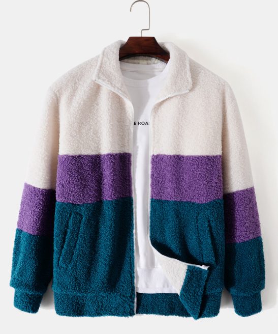 Color Block Teddy Fleece Zip Up Coat