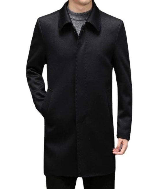 Men's Solid Turn Down Collar Long Coat